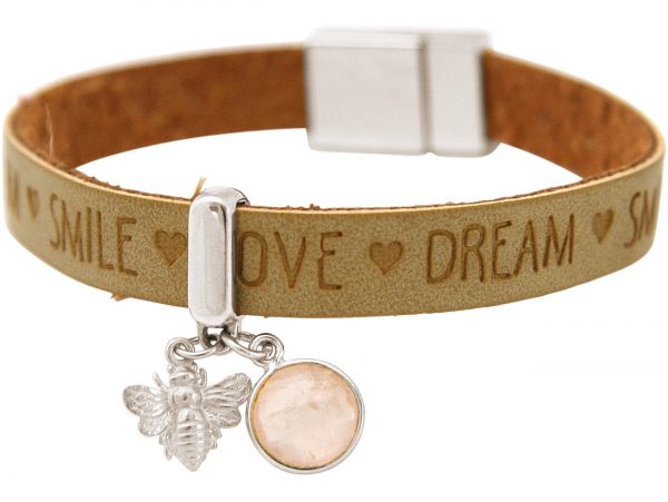 Gemshine - Damen - Armband - BEE - Biene - 925 Silber - WISHES - Braun Sand - Rosenquarz - Rosa - Magnetverschluss