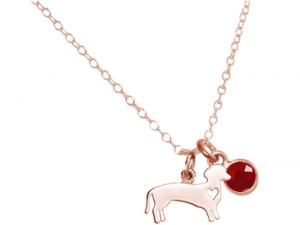 GEMSHINE Dackel Anhänger mit Edelstein Auswahl. Massiv 925 Silber hochwertig rose vergoldet an 45cm Kette. Geschenk für Haustier Herrchen und Frauchen - Made in Spain, Stein:Rubin