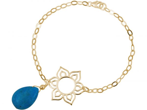 GEMSHINE Damenarmband aus hochwertig vergoldetem 925 Silber mit YOGA Lotusblume und Türkis Tropfen hervorragender Qualität. Made in Madrid / Spanien. Im eleganten Schmucketui mit Geschenkverpackung.