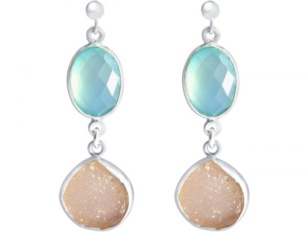 Gemshine - Damen - Ohrringe - 925 Sterling Silber - DRUZY - Weiß - Quarz - Chalzedon - Aqua - 4 cm