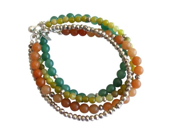 Gemshine - Damen - Armband Set - Silber Leaves - Jade - Aventurin - Grün - Orange - 925 Silber