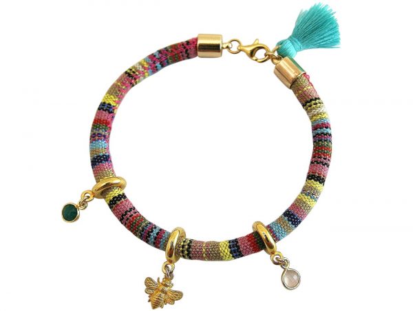 Gemshine - Damen - Armband - 925 Silber Vergoldet - AZTEC - BEE - Biene  - Smaragd - Grün - Rosenquarz - Rosa