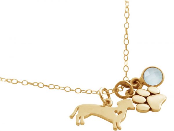 GEMSHINE Dackel und Pfote Tatze Anhänger mit Edelstein Auswahl. Massiv 925 Silber vergoldet an 45cm Kette. Geschenk für Haustier Herrchen und Frauchen - Made in Spain, Stein:Chalcedon – Bild 3