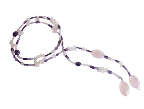 Gemshine - Damen - Halskette - Lariat - Rosenquarz - Amethyst - Perlen - Rosa - Lila - Violett - Weiß - 130 cm